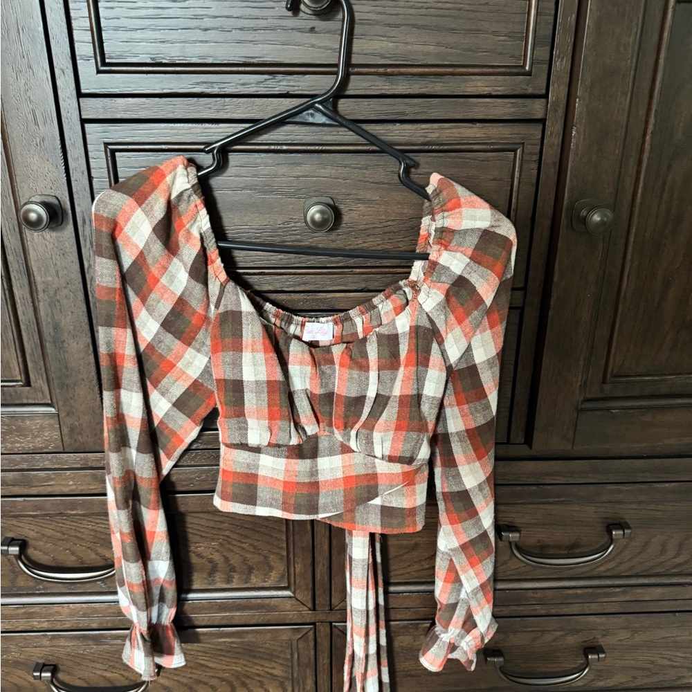 Pink Lily Plaid Blouse with Puff Sleeves